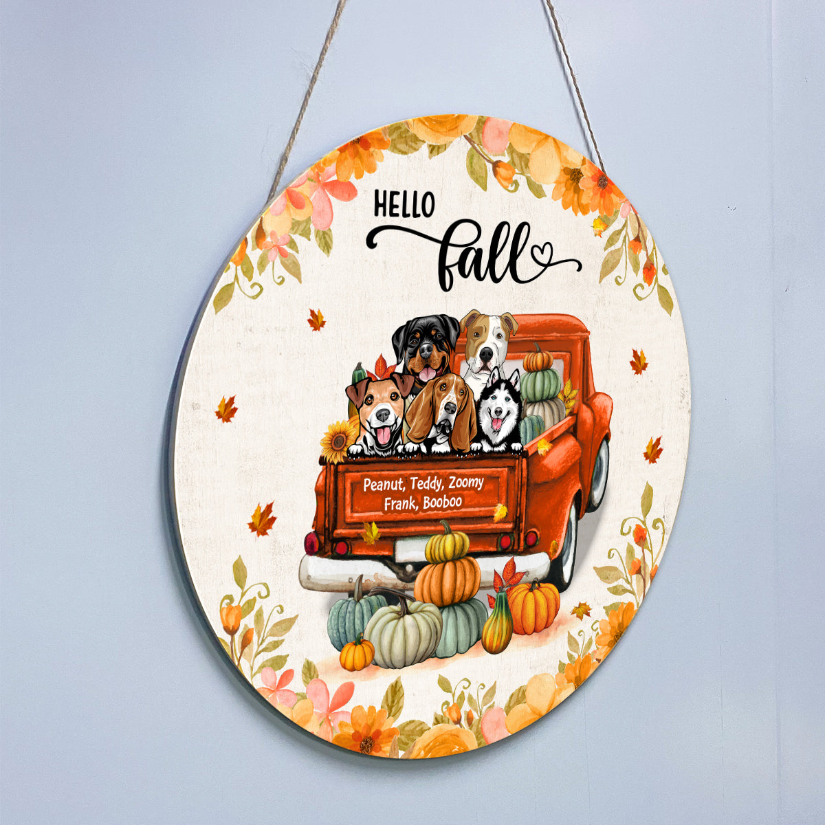 Hello Fall Dogs On Truck Personalized Wooden Door Sign