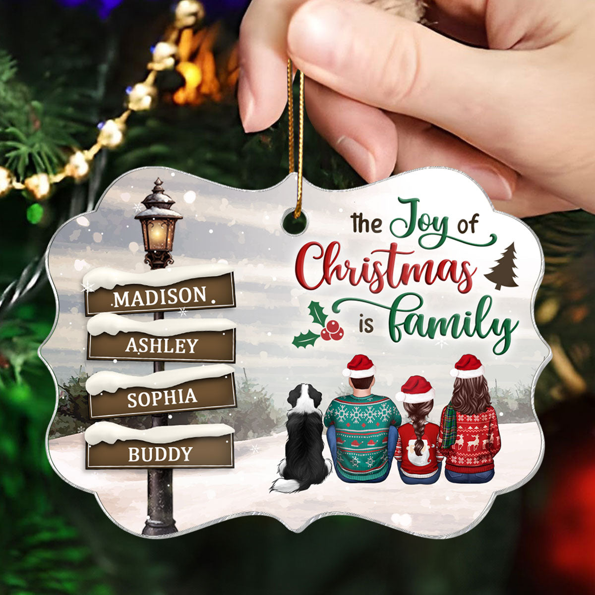 Family Back View Sitting Christmas Lamp Post Personalized Acrylic Ornament, Christmas Gift For Family
