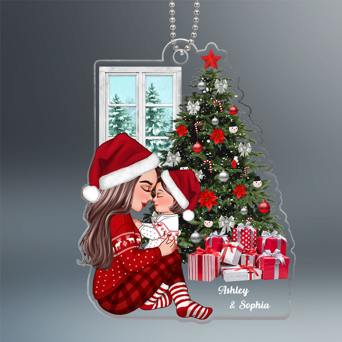 Grandma Mom Holding Kid Side View Next To Christmas Tree Personalized Acrylic Ornament