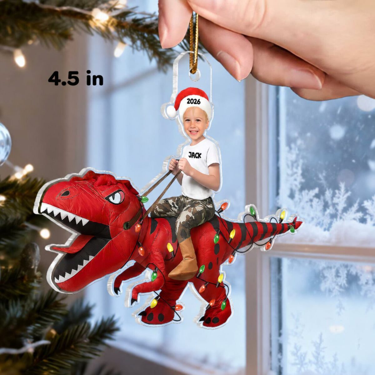3D Effect Custom Face Kid With Dinosaur - Personalized Acrylic Ornament - Gift For Kids, Granddaughter, Grandson, Daughter, Son