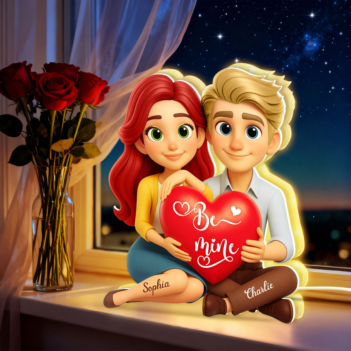 Eternal Love Cartoon Couple Sitting - Personalized Light Box - Sentimental Gift for him, for her