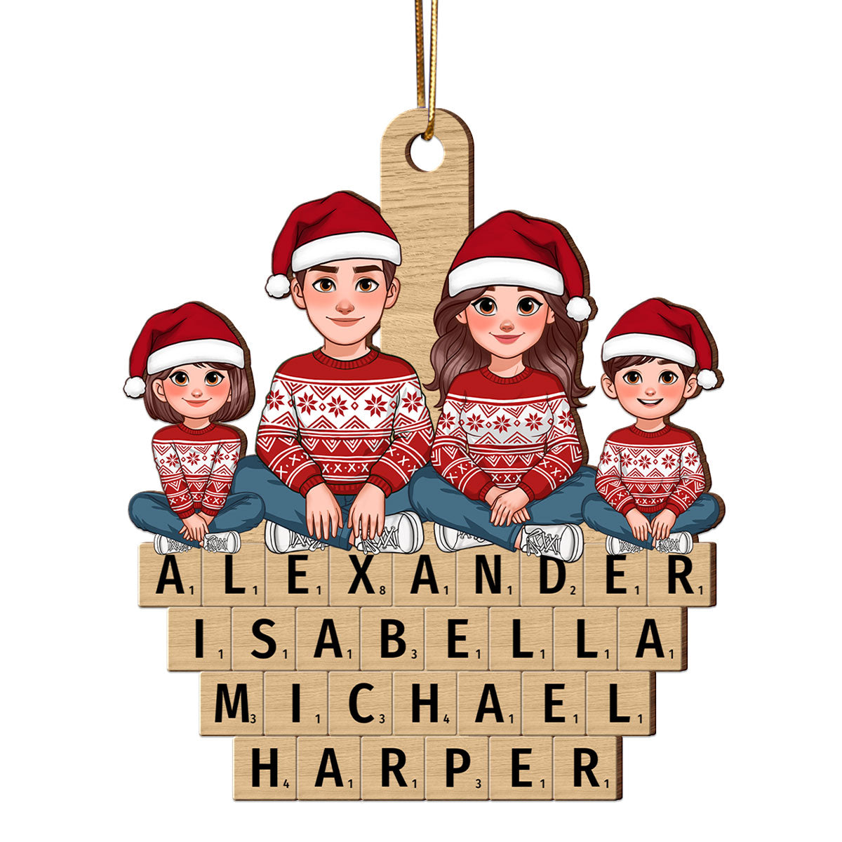 Animated Family Sitting On Wooden Blocks Names Personalized Wooden Ornament, Christmas Gift For Family