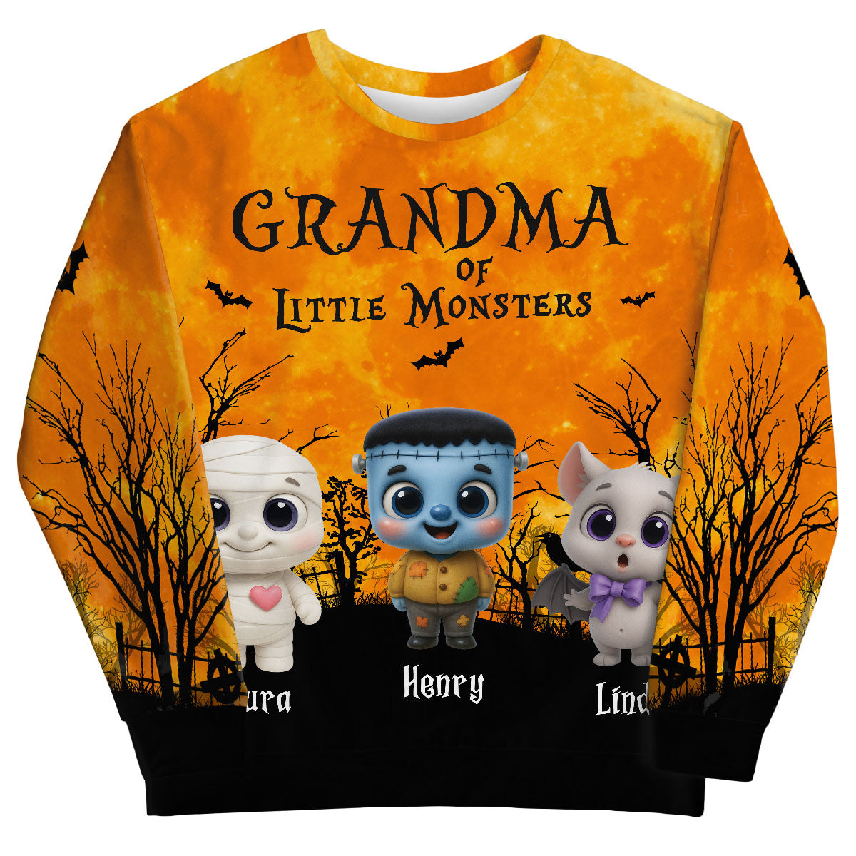 Grandma Mom Cute Little Monsters Halloween Moon Light Bat Tree Personalized 3D Sweatshirt, Purrfect Costume for Grandma