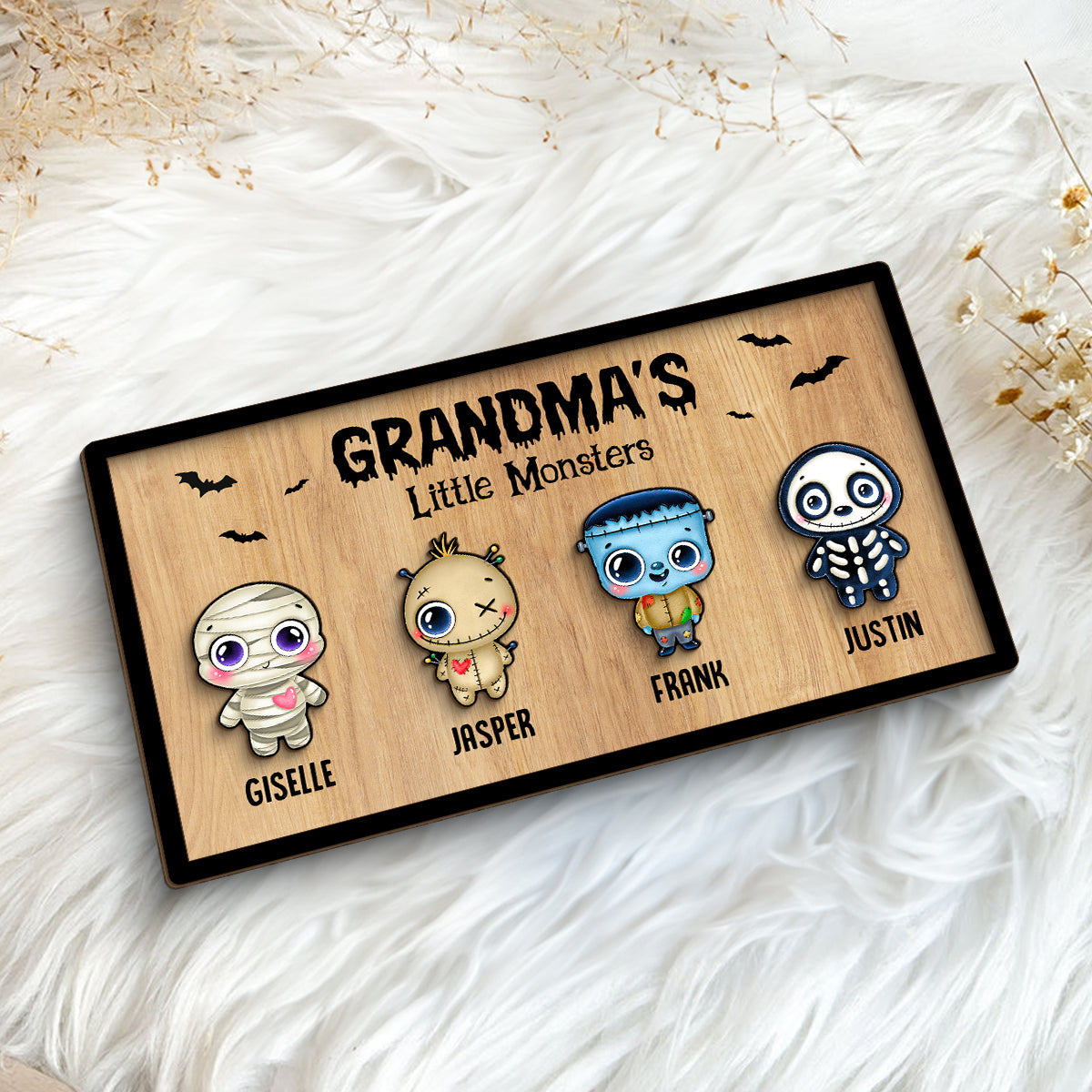 Grandma Mom Little Monsters Personalized 2-Layer Wooden Plaque, Halloween Decor