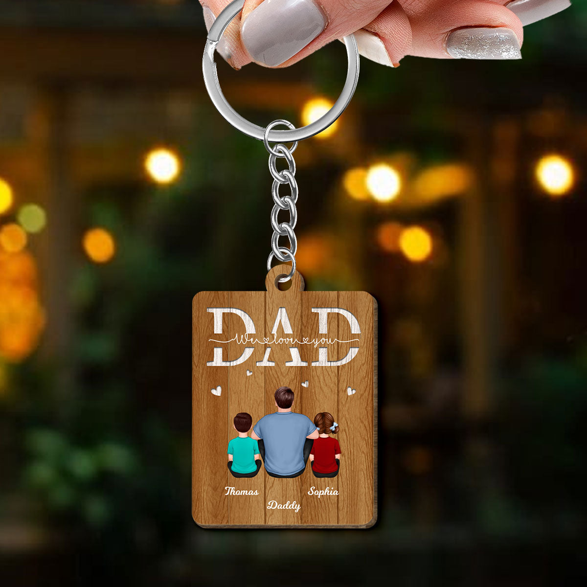 Back View Dad And Kids Dogs Cats Sitting We Love You Personalized Wooden Keychain