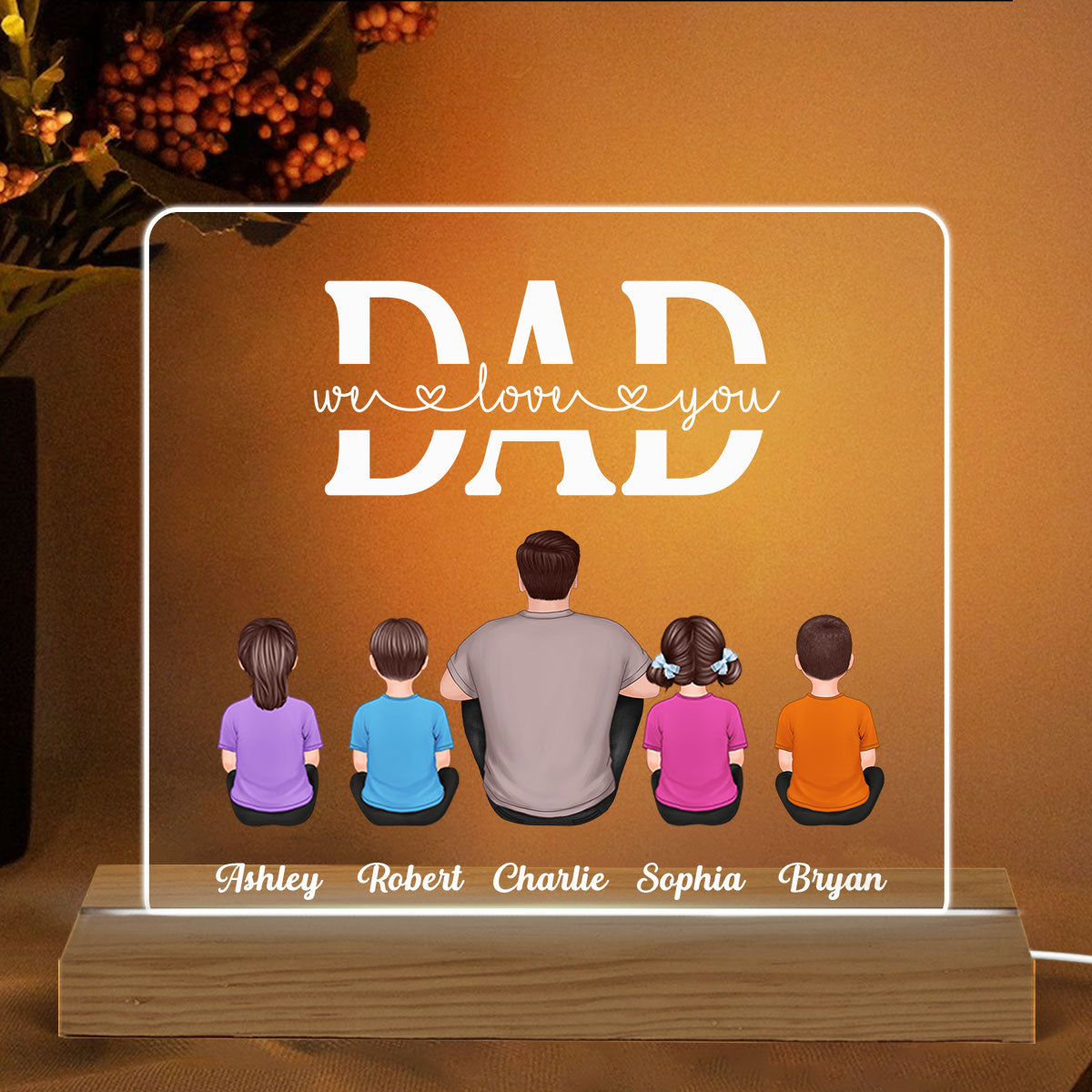 Best Dad Ever Back View Man Kids Dog Cat Personalized Warm Custom Shape Acrylic Plaque With LED Night Light