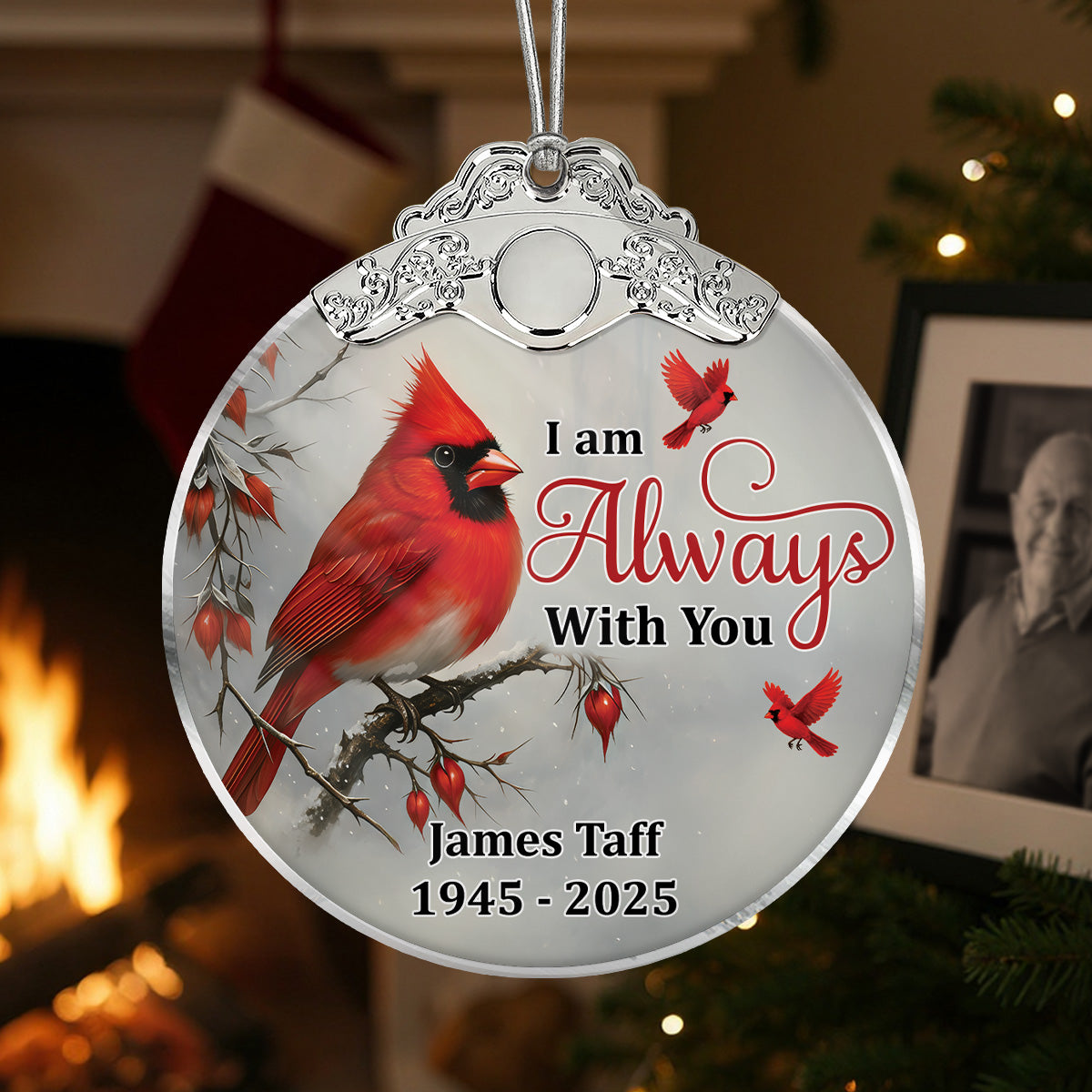 Winter Cardinal Always With You Christmas Memorial - Personalized Glass Ornament With Silver Cap
