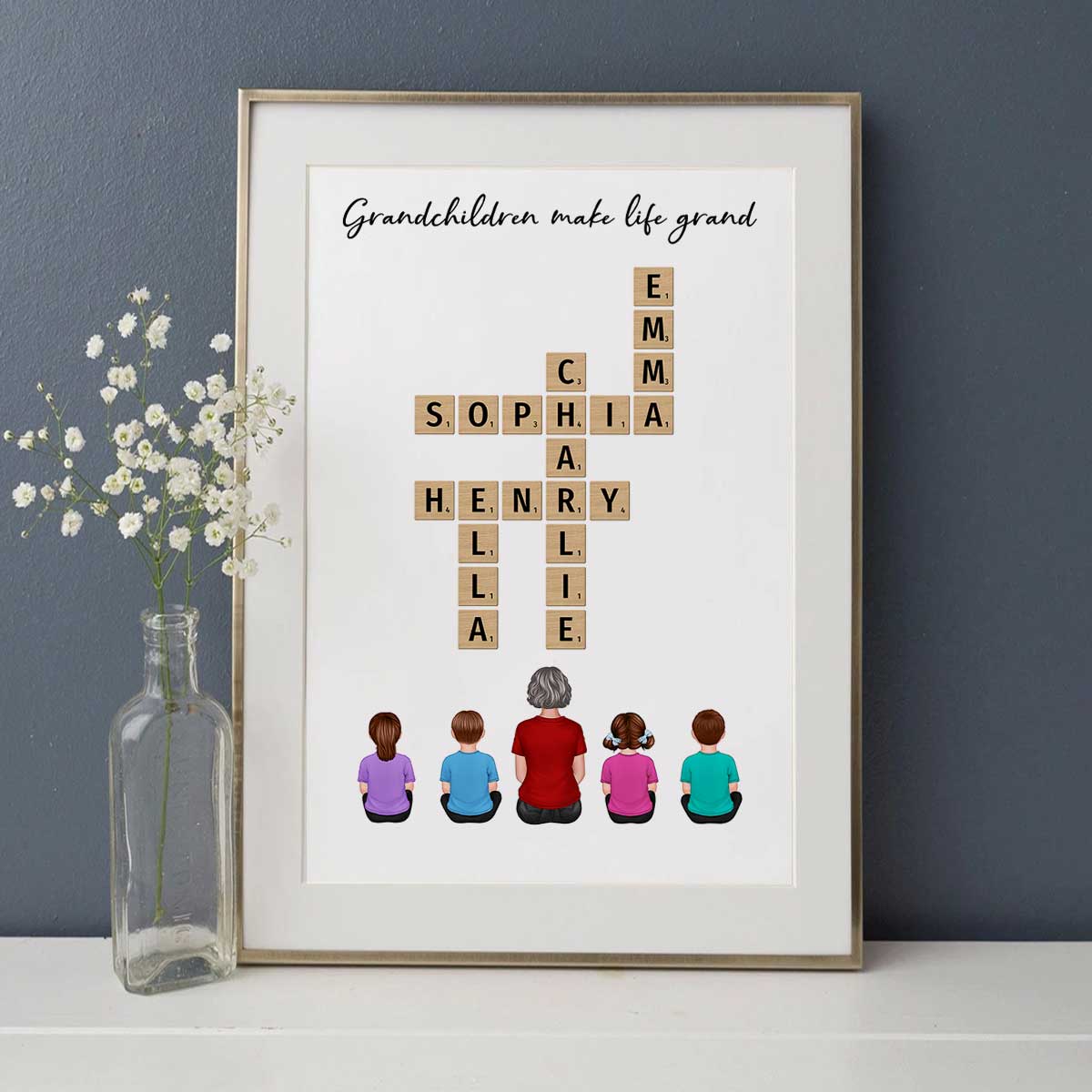 Our Grandchildren Names In Crossword Unique Gift For Grandma Grandpa Grandparents Back View Sitting Personalized Poster