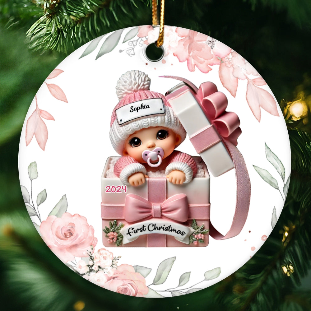 Floral Wreath Baby Inside Gift Box Personalized Ceramic Ornament, Baby First Christmas Keepsake