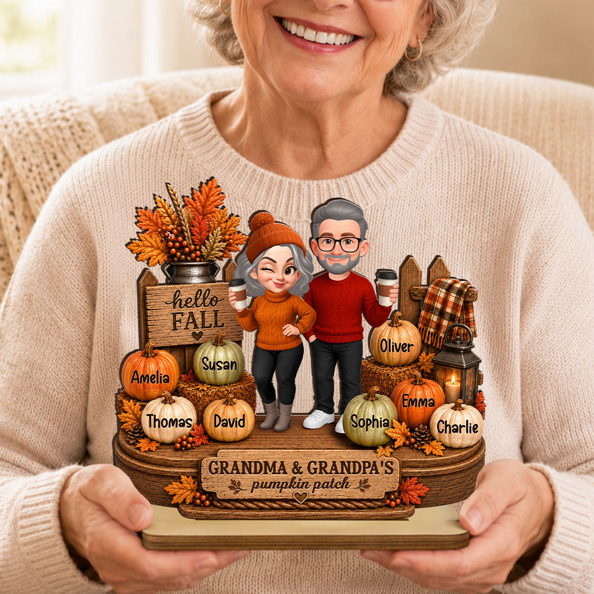 Hello Fall Grandparents' Pumpkin Patch - Personalized 2-Layered Wooden Plaque - Fall Gift, Thanksgiving, Grandparents Day Gift