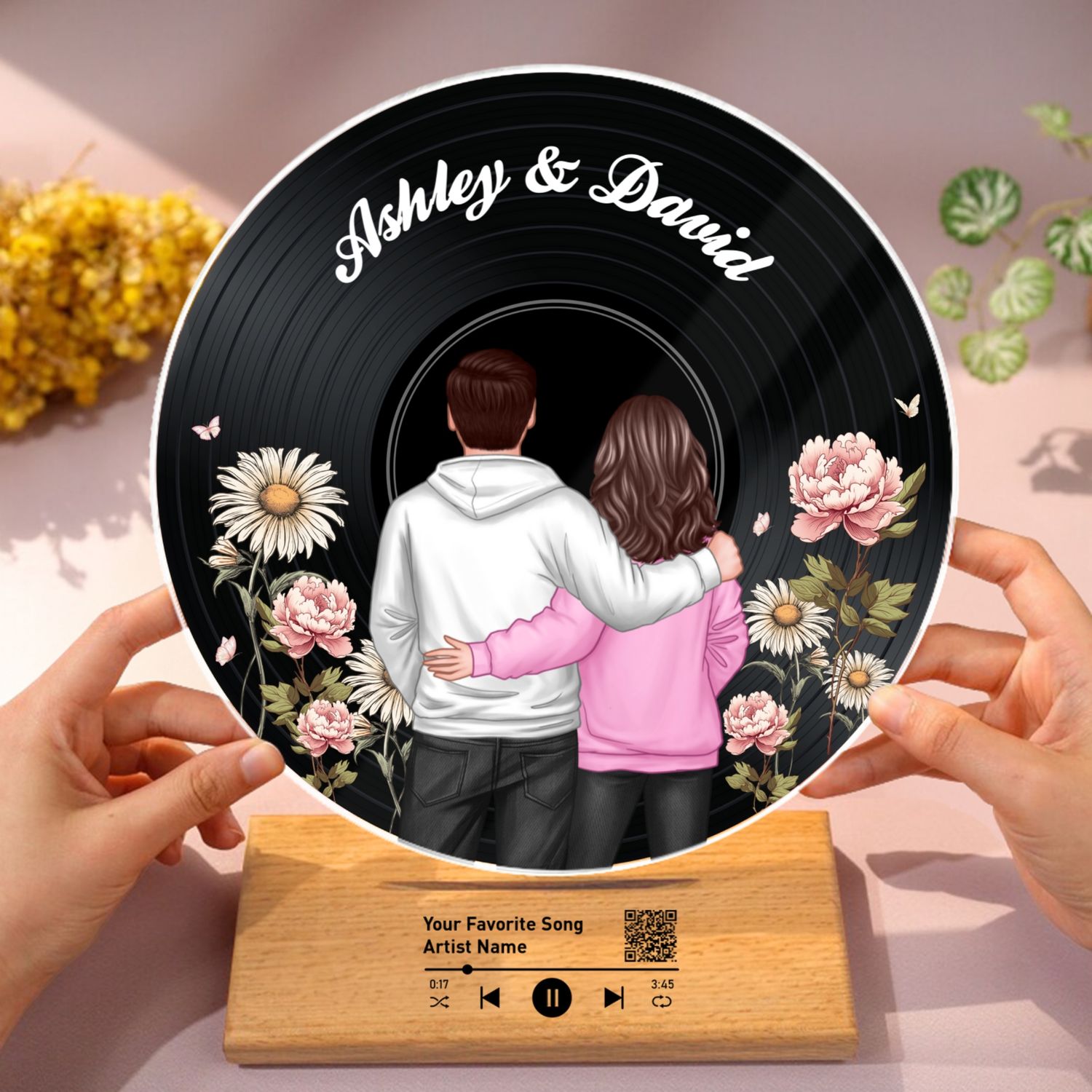 Back View Couple Birth Month Flower Custom Vinyl Record Acrylic Song Plaque, Scannable QR Code, Personalized Birthday, Anniversary Gift for her and for him