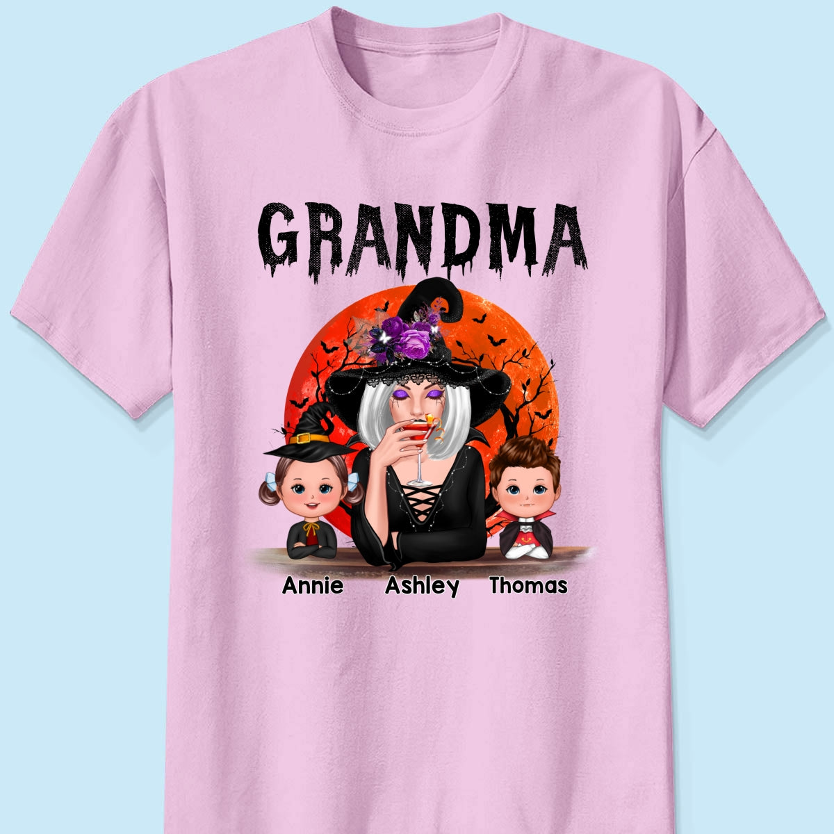 Halloween Moon Grandma Mom Witch With GrandKids Personalized Shirt