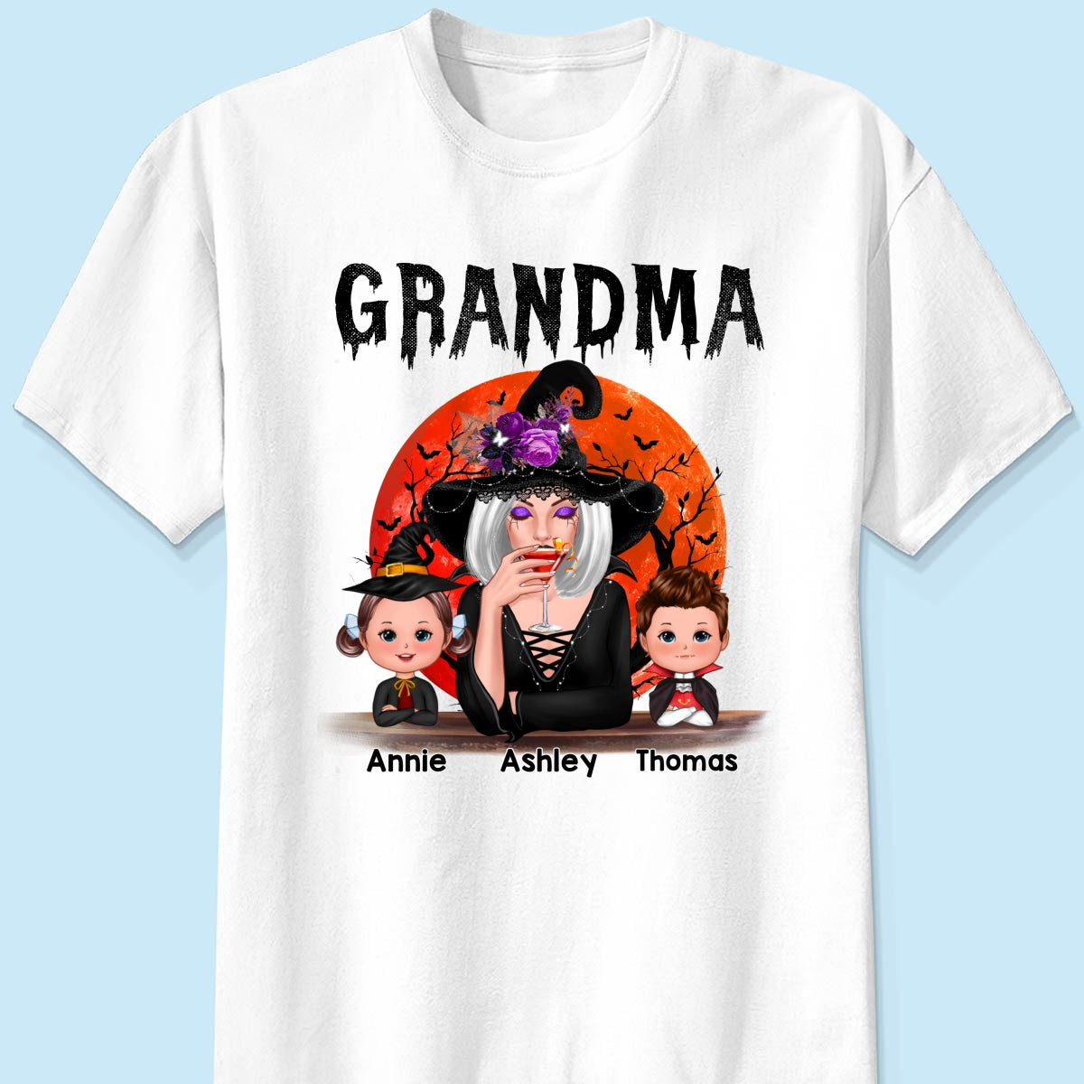 Halloween Moon Grandma Mom Witch With GrandKids Personalized Shirt