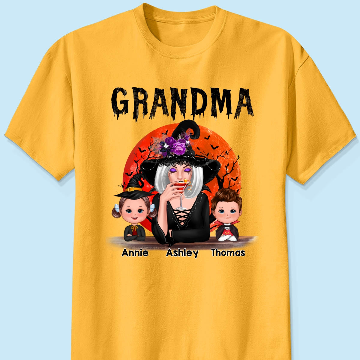 Halloween Moon Grandma Mom Witch With GrandKids Personalized Shirt