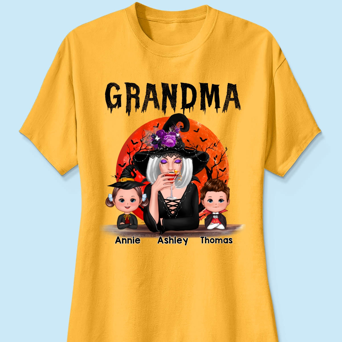 Halloween Moon Grandma Mom Witch With GrandKids Personalized Shirt