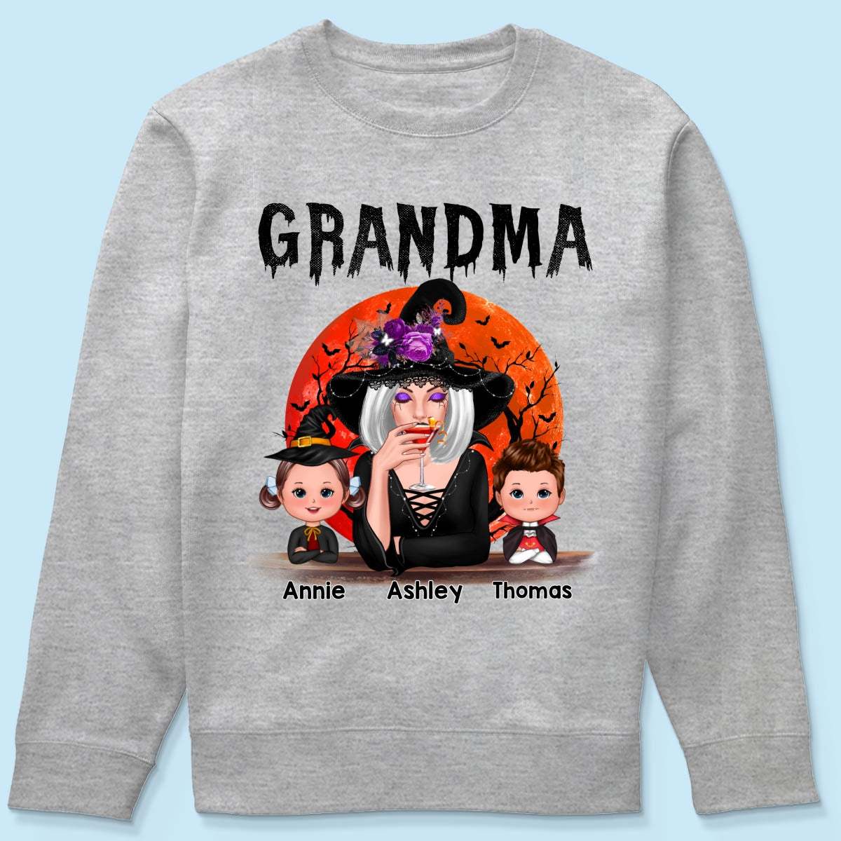 Halloween Moon Grandma Mom Witch With GrandKids Personalized Shirt