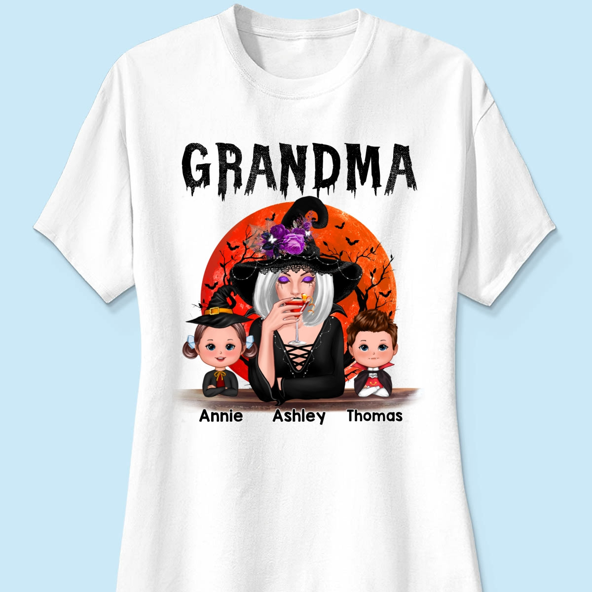 Halloween Moon Grandma Mom Witch With GrandKids Personalized Shirt