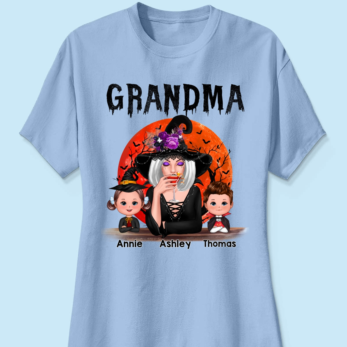 Halloween Moon Grandma Mom Witch With GrandKids Personalized Shirt