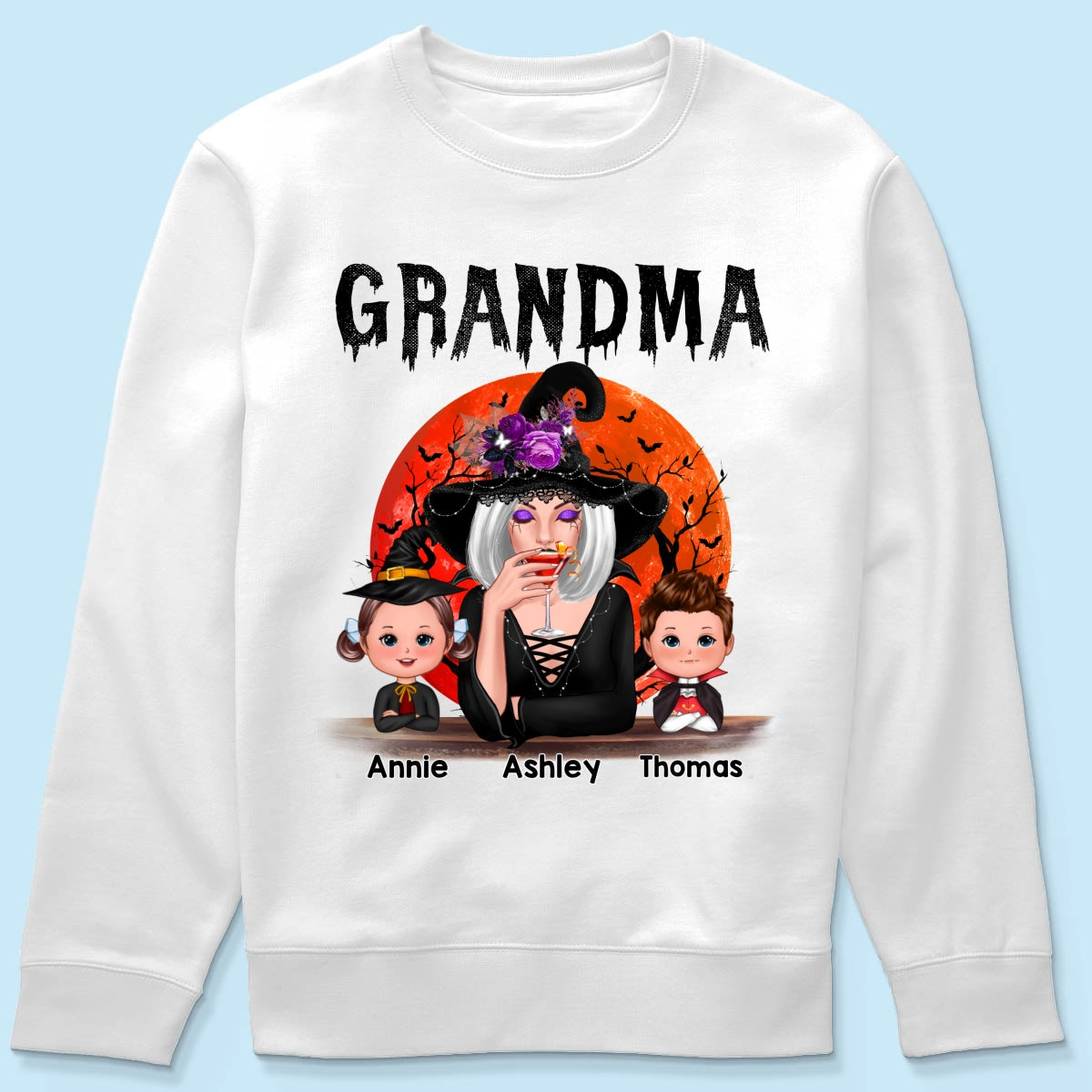 Halloween Moon Grandma Mom Witch With GrandKids Personalized Shirt