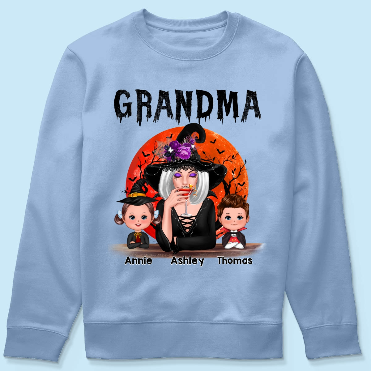 Halloween Moon Grandma Mom Witch With GrandKids Personalized Shirt