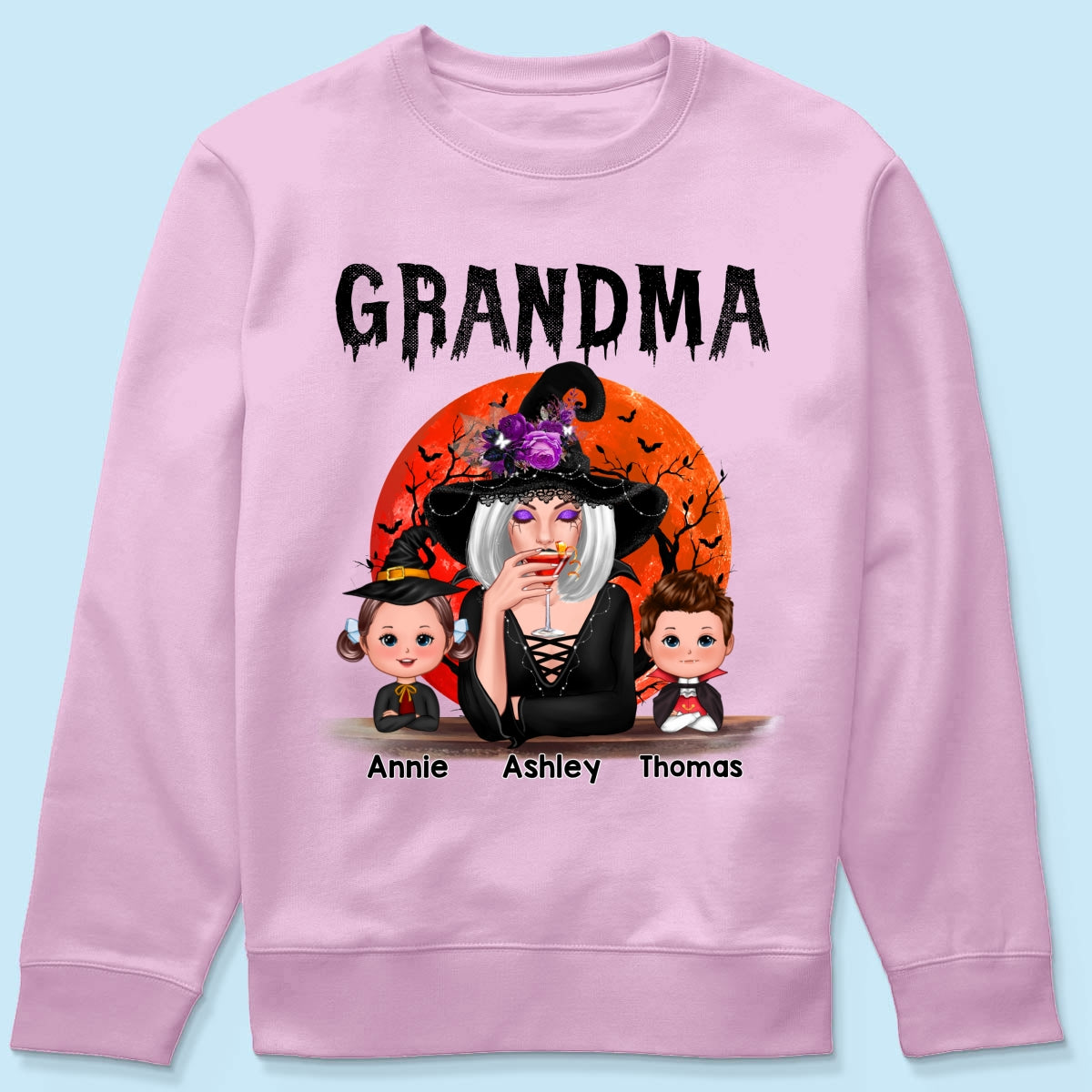 Halloween Moon Grandma Mom Witch With GrandKids Personalized Shirt