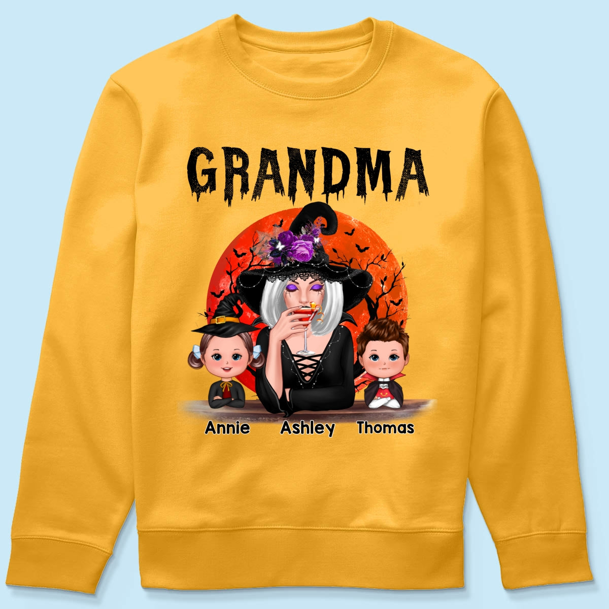Halloween Moon Grandma Mom Witch With GrandKids Personalized Shirt