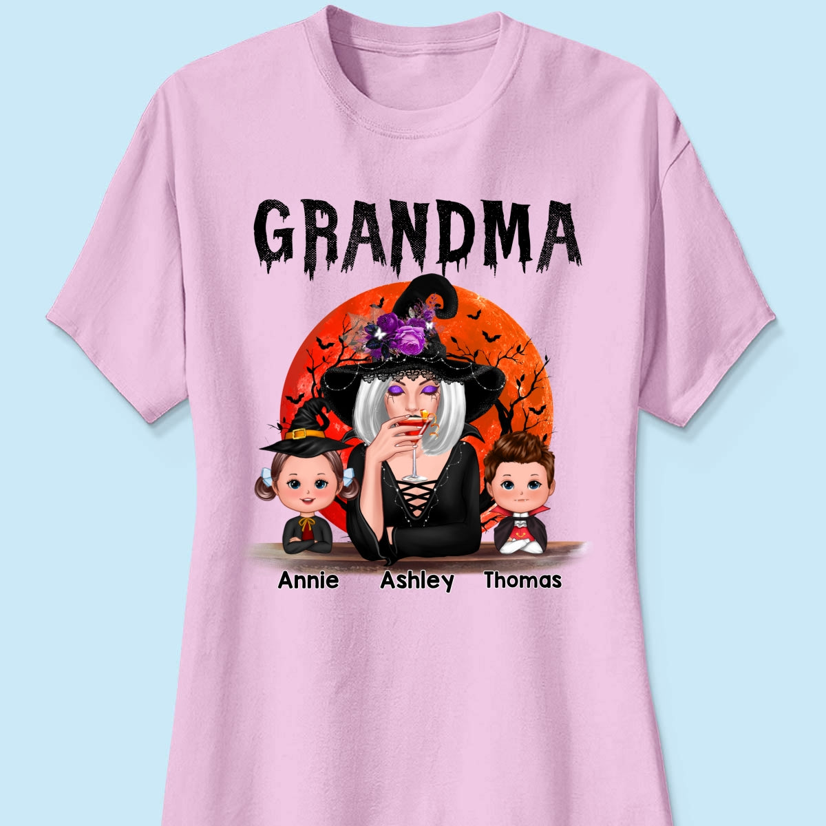 Halloween Moon Grandma Mom Witch With GrandKids Personalized Shirt