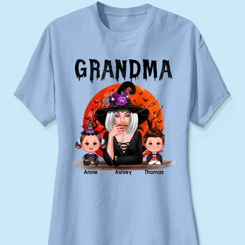 Halloween Moon Grandma Mom Witch With GrandKids Personalized Shirt