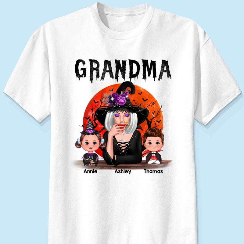 Halloween Moon Grandma Mom Witch With GrandKids Personalized Shirt