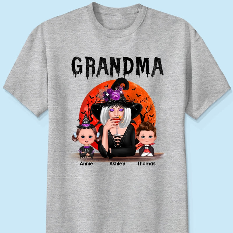 Halloween Moon Grandma Mom Witch With GrandKids Personalized Shirt