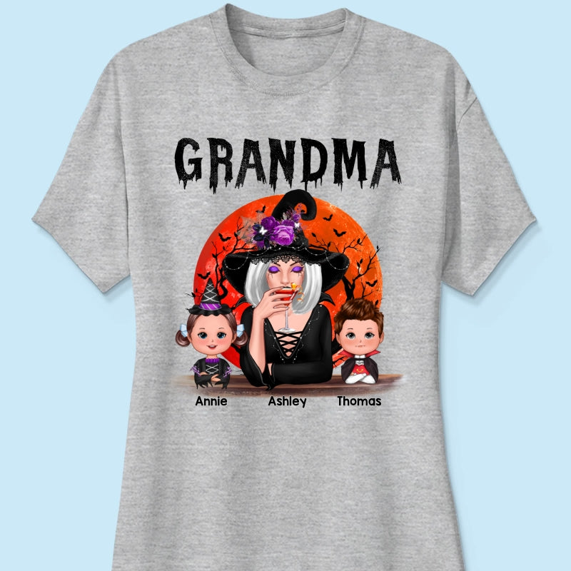 Halloween Moon Grandma Mom Witch With GrandKids Personalized Shirt