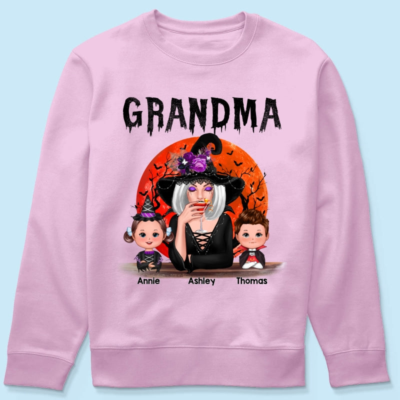 Halloween Moon Grandma Mom Witch With GrandKids Personalized Shirt