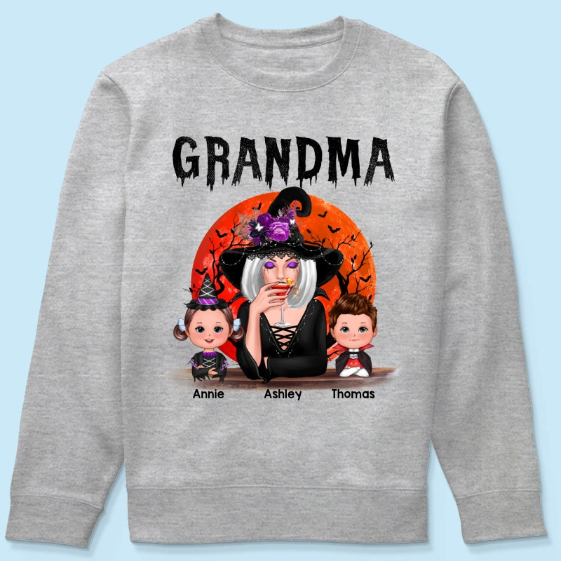 Halloween Moon Grandma Mom Witch With GrandKids Personalized Shirt