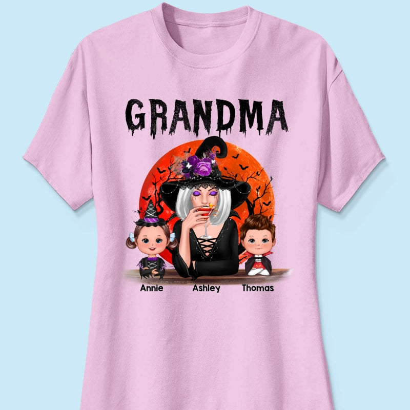 Halloween Moon Grandma Mom Witch With GrandKids Personalized Shirt