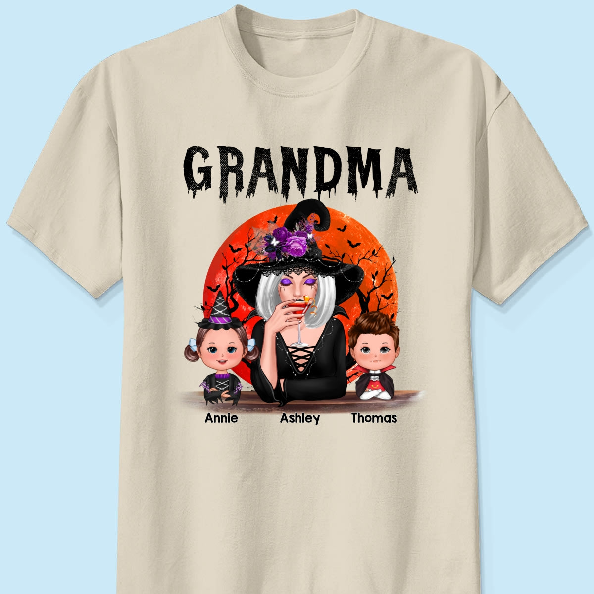 Halloween Moon Grandma Mom Witch With GrandKids Personalized Shirt