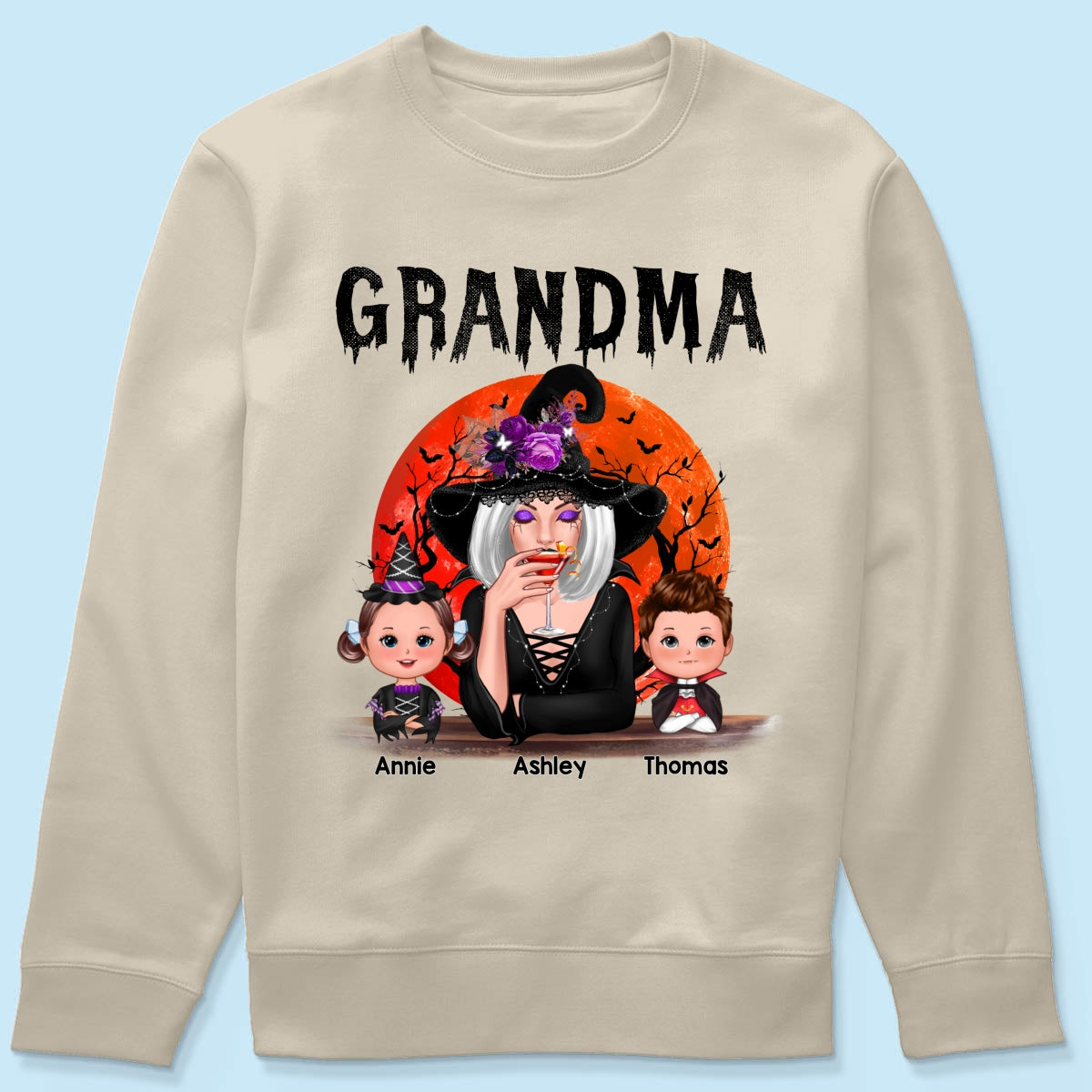 Halloween Moon Grandma Mom Witch With GrandKids Personalized Shirt