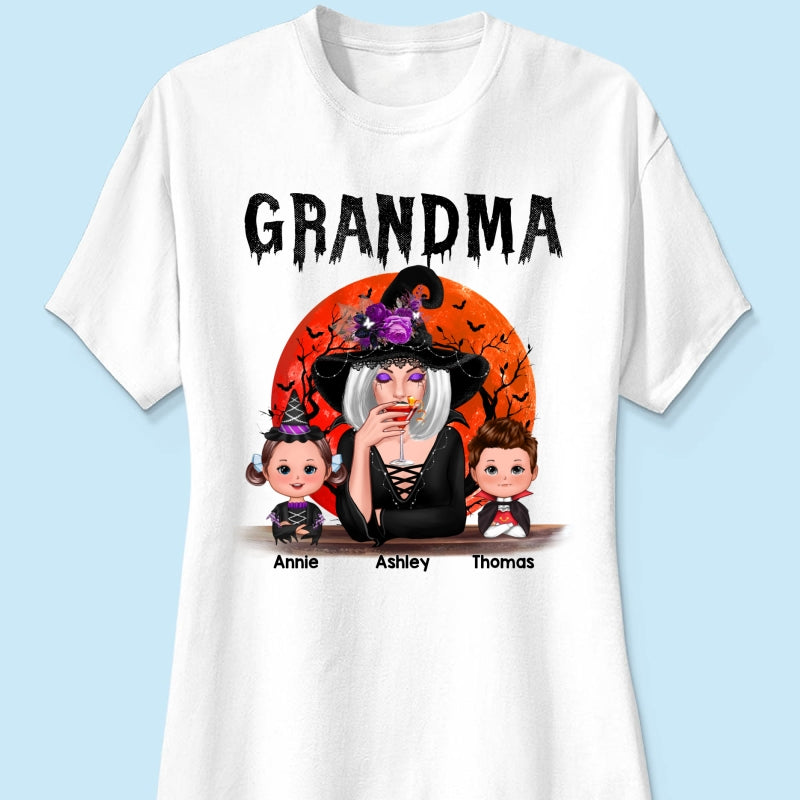 Halloween Moon Grandma Mom Witch With GrandKids Personalized Shirt