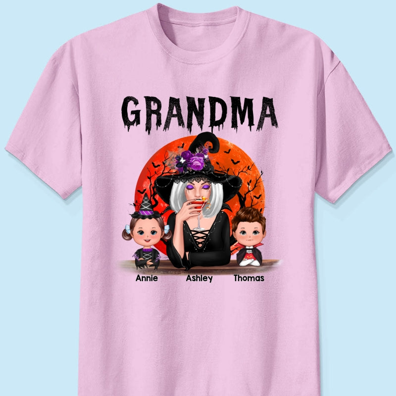 Halloween Moon Grandma Mom Witch With GrandKids Personalized Shirt