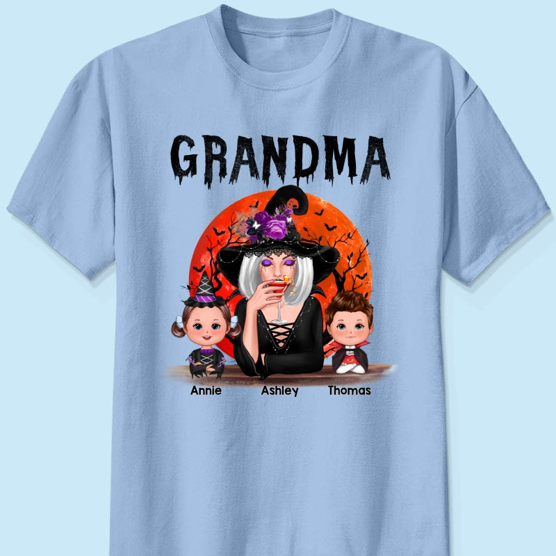 Halloween Moon Grandma Mom Witch With GrandKids Personalized Shirt