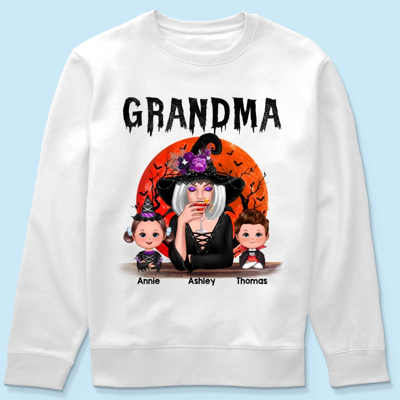 Halloween Moon Grandma Mom Witch With GrandKids Personalized Shirt