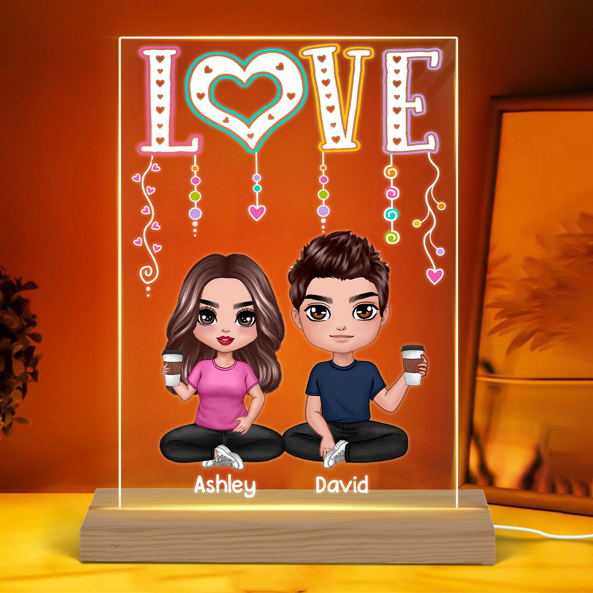 LOVE Happy Doll Couple Sitting Personalized Rectangle Acrylic Plaque LED Night Light