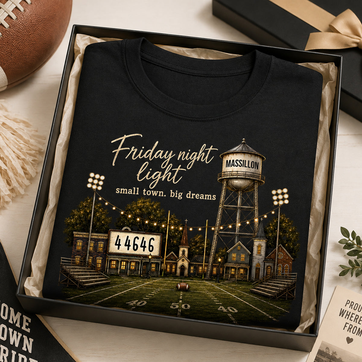 Football Friday Night Light Small Town Big Dreams - Personalized Shirt - Custom Town Name & Zip Code