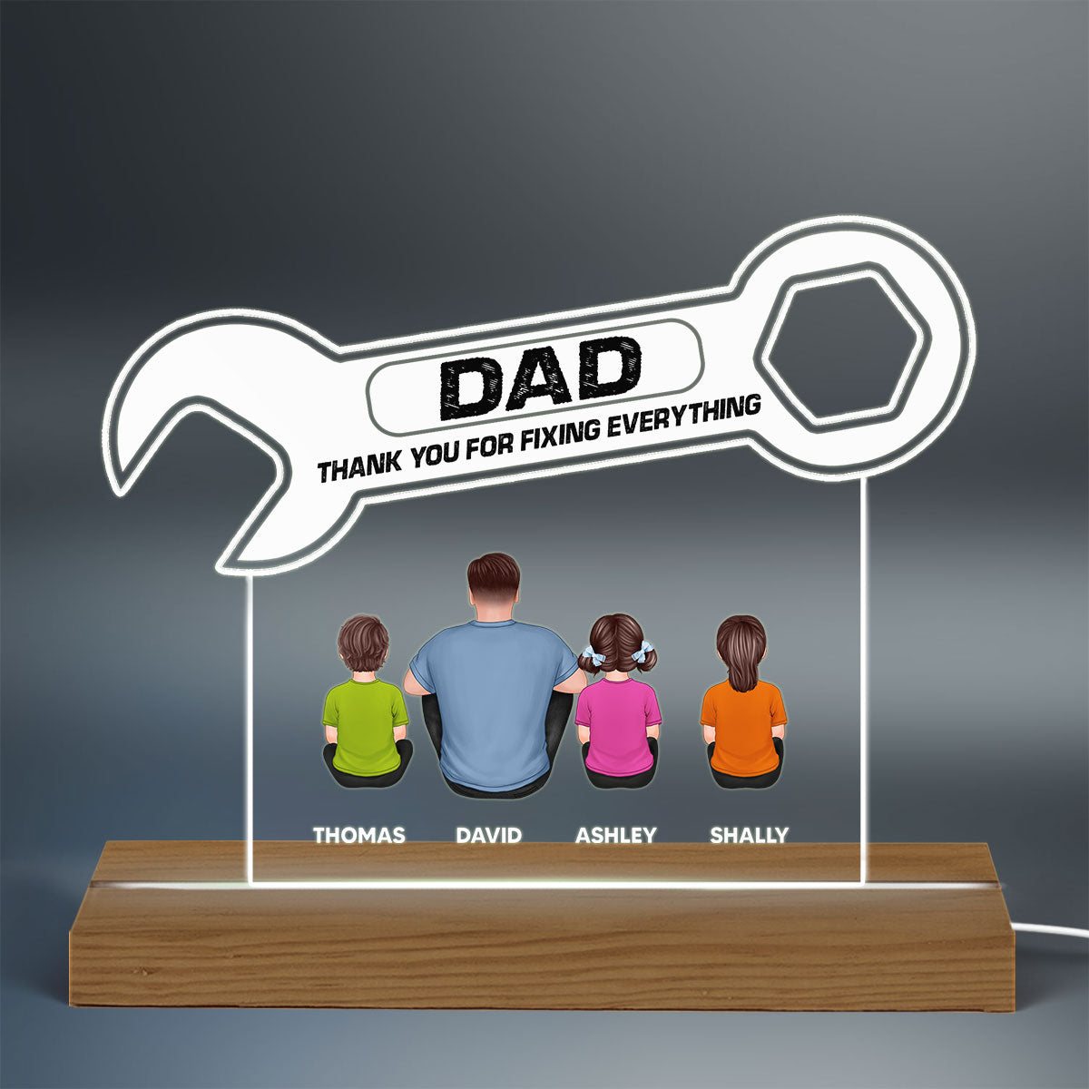 Thanks Dad For Fixing Everything Wrench Shape Back View Man Kids Dog Cat Father‘s Day Gift Personalized Warm Custom Shape Acrylic Plaque LED Night Light
