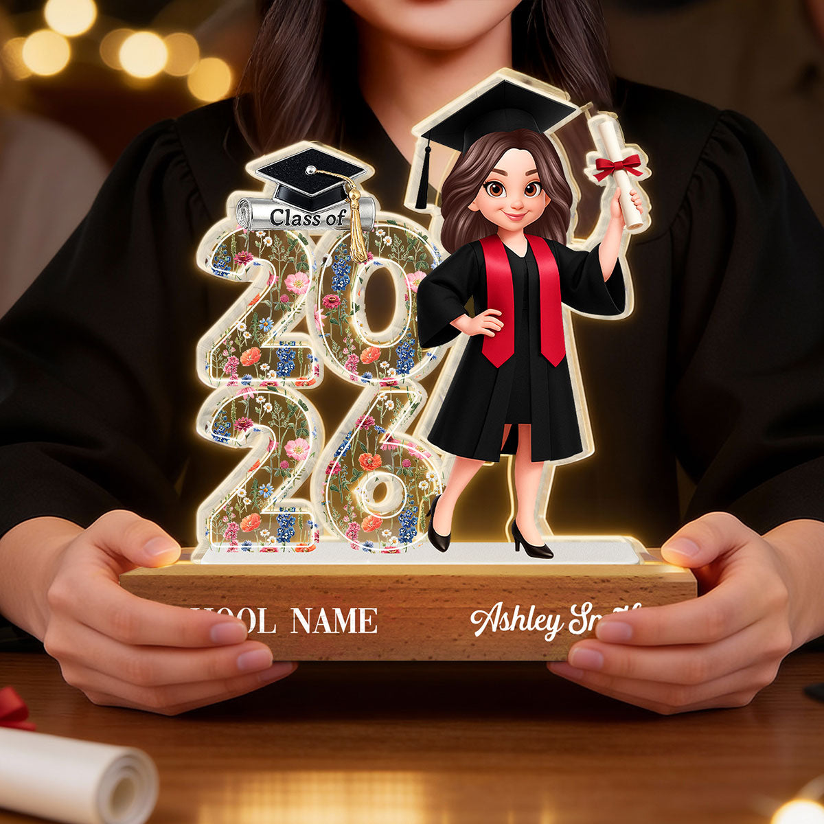Class Of 2026 2027 Senior Floral - Personalized Acrylic Block LED Night Light - Graduation Gift For Graduates, Daughter