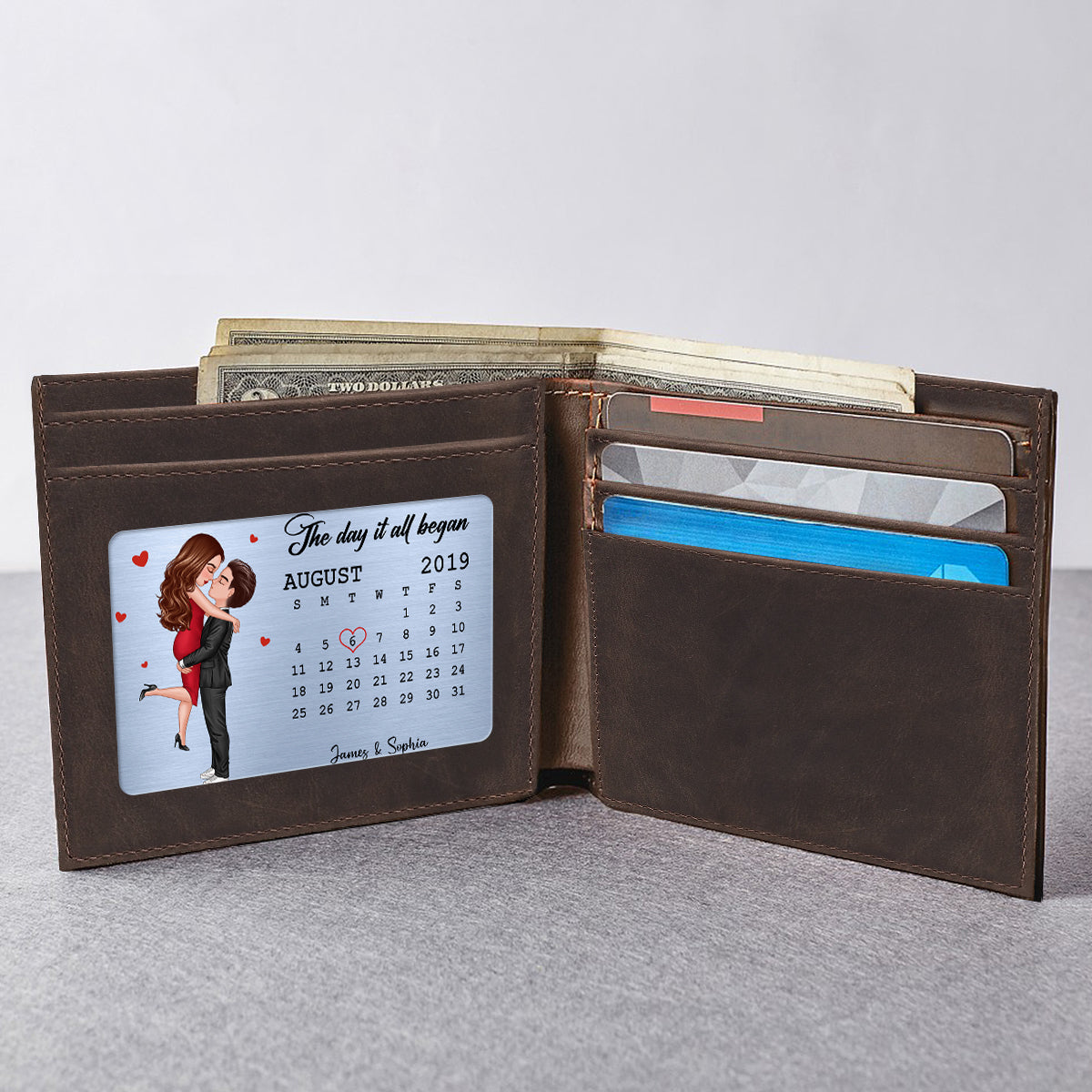 The Day It All Began Hugging Kissing Couple Anniversary Date Personalized Wallet Insert Metal Wallet Card