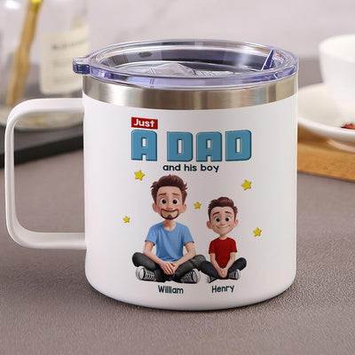 Just A Dad And His Kids Cartoon Funny Style Personalized Stainless Steel Tumbler With Handle, Gift For Dad