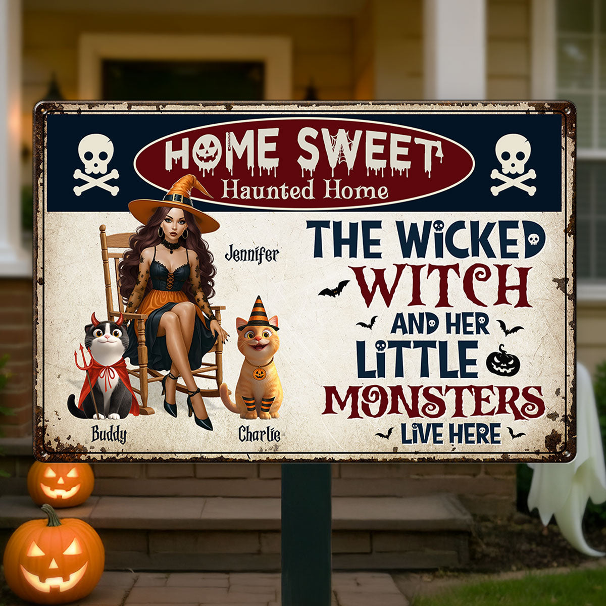 Warning A Wicked Witch and Her Little Monsters Live Here Personalized Metal Sign, Halloween Decor for Cat Lovers