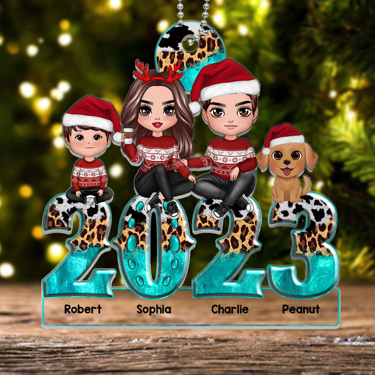 Teal And Leopard 2023 Family Sitting Personalized Acrylic Ornament