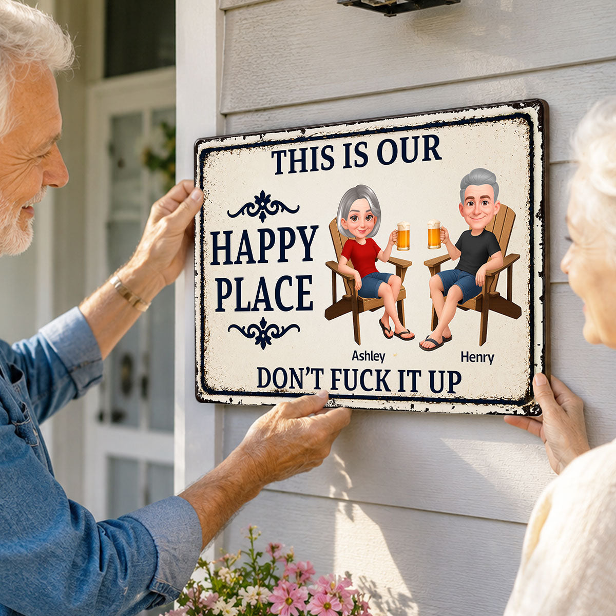 Couple This Is Our Happy Place - Personalized Metal Sign - Funny Sarcasm Decoration For Patio, Garden, Farmhouse Porch, Man Cave, Garage