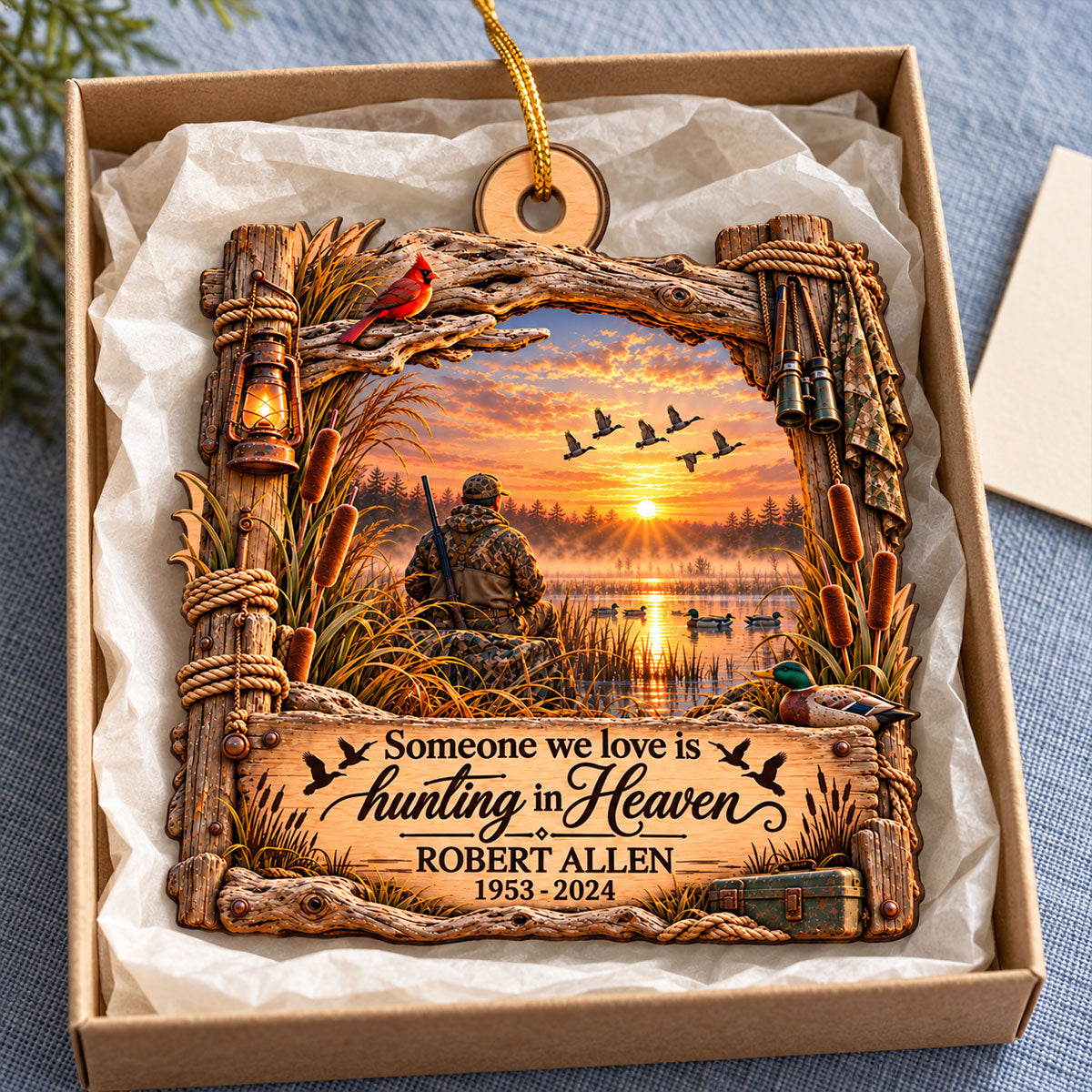 Hunting In Heaven Duck Hunting 2D Flat - Personalized Wooden Ornament - Memorial Sympathy Gift
